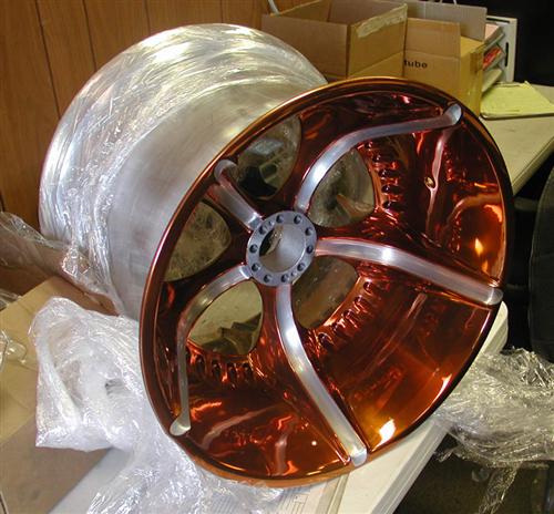 This wheel is headed to the V-Twin Expo. It's a monster 14-inches wide, and coated with a special almost copper-chrome powder. 