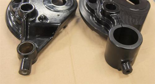 The greatly increased support given to the fork tubes with the CCE top tree is clearly demonstrated in this close up comparison photo, with the stock tree on the left.
